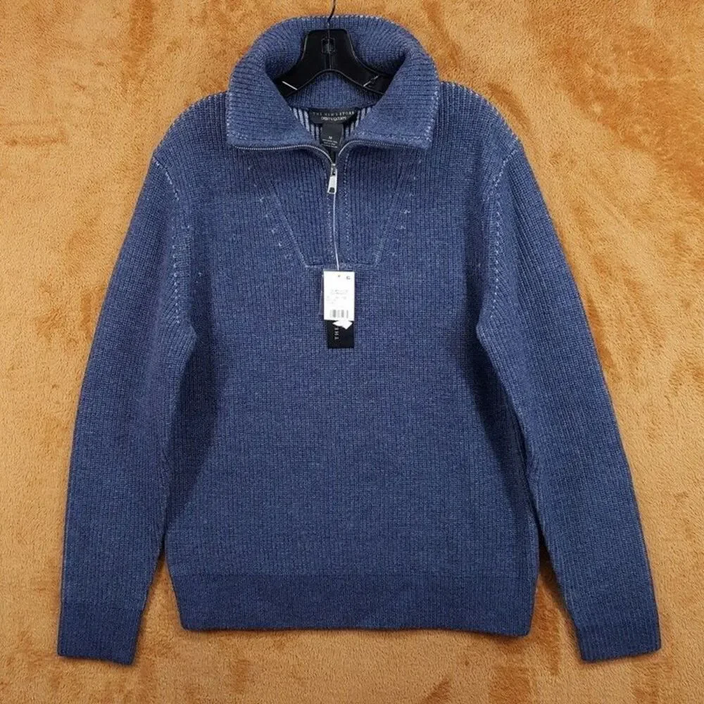 BLOOMINGDALES Sweater Mens Medium Blue Quarter Zip 100% Merino Wool $268